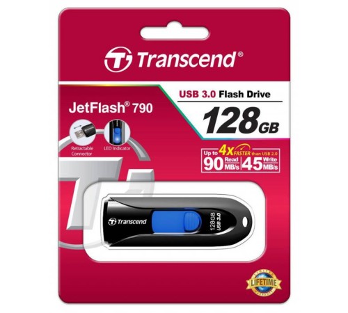 Флеш Диск Transcend 128Gb Jetflash 790 TS128GJF790K USB3.0 черный/синий