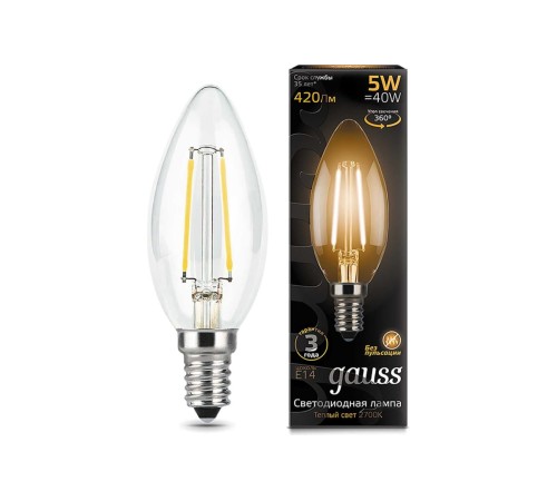 GAUSS 103801105 Светодиодная лампа LED Filament Свеча E14 5W 420lm 2700К 1/10/50 GAUSS 103801105 Светодиодная лампа LED Filament Свеча E14 5W 420lm 2700К 1/10/50