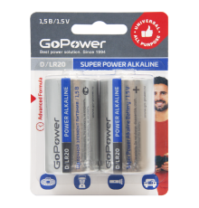Батарейка GoPower LR20 D BL2 Alkaline 1.5V (2/12/96) блистер (2 шт.) Батарейка GoPower LR20 D (00-00017862)