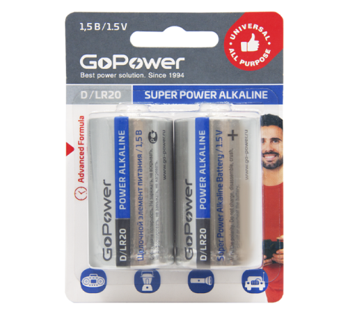 Батарейка GoPower LR20 D BL2 Alkaline 1.5V (2/12/96) блистер (2 шт.) Батарейка GoPower LR20 D (00-00017862)