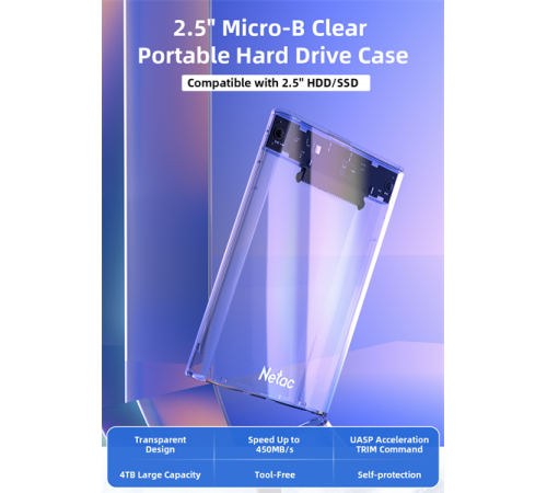 Внешний корпус для HDD/SSD Netac NT07WH11-30B0 2.5 SATA --> USB3.0 , скользящая прозрачная крышка, USB3.0 A --> B кабель