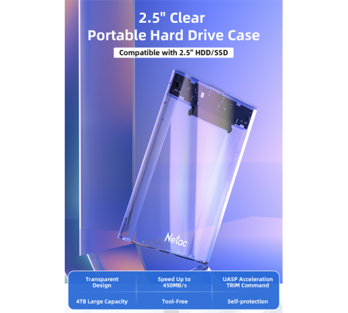 Внешний корпус для HDD/SSD Netac NT07WH11-30CC 2.5 SATA --> USB3.0 , скользящая прозрачная крышка, USB3.0 C --> C кабель Внешний корпус для HDD/SSD Netac NT07WH11-30CC 2.5 SATA --> USB3.0 , скользящая прозрачная крышка, USB3.0 C --> C кабель