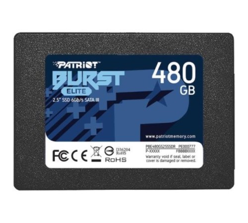 SSD PATRIOT Burst Elite 480Гб Наличие SATA 3.0 3D NAND Скорость записи 320 Мб/сек. Скорость чтения 450 Мб/сек. 2,5" TBW 200 Тб PBE480GS25SSDR