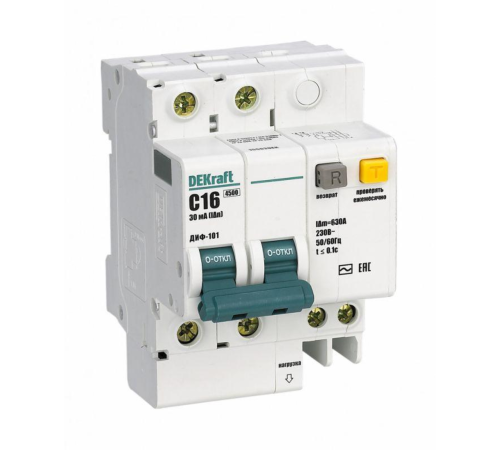 Выключатель автоматический дифференциального тока 2п C 16А 30мА тип AC 4.5кА ДИФ-101 4.5мод. DEKraft