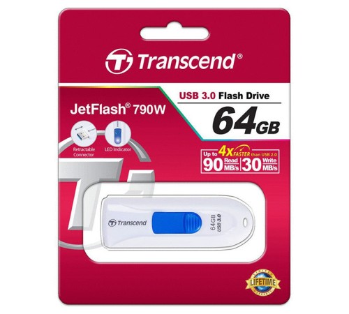 Флеш Диск Transcend 64Gb Jetflash 790 TS64GJF790W USB3.0 белый