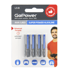 Батарейка GoPower LR03 AAA BL4 Alkaline 1.5V (4/48/576) блистер (4 шт.) Батарейка GoPower LR03 AAA (00-00015602)