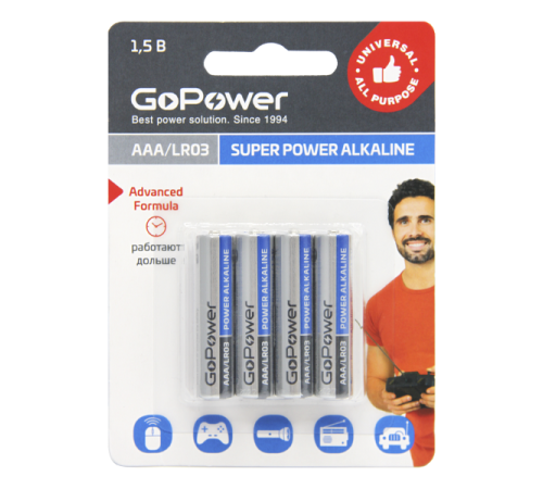 Батарейка GoPower LR03 AAA BL4 Alkaline 1.5V (4/48/576) блистер (4 шт.) Батарейка GoPower LR03 AAA (00-00015602)