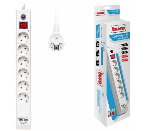 Сетевой фильтр Buro BU-SP1.8_USB_2A-W 1.8м (6 розеток) белый (коробка)