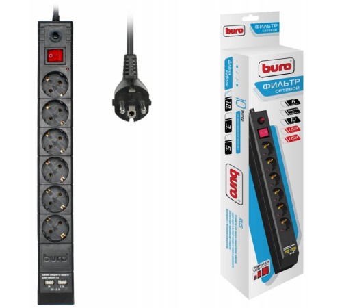 Сетевой фильтр Buro BU-SP1.8_USB_2A-B 1.8м (6 розеток) черный (коробка) Сетевой фильтр Buro BU-SP1.8_USB_2A-B 1.8м (6 розеток) черный (коробка)