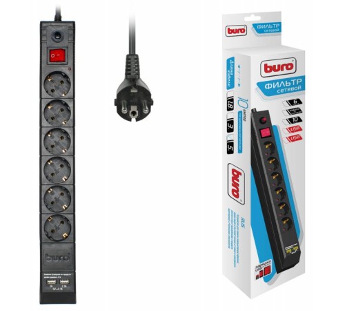 Сетевой фильтр Buro BU-SP5_USB_2A-B 5м (6 розеток) черный (коробка)