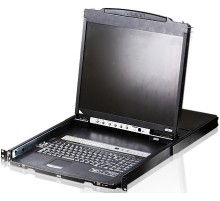 16-портовый KVM-пеКонсоль управления, LCD 19"(1280x1024), лат./рус. клав., 16-портовый KVM-переключатель,  +1 remote user(SPHD18(Male)),2хUSB(Тип а Female),  KVM-порты: SPHD15(Female), каскадирование. ATEN CL5816NR