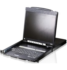 16-портовый KVM-пеКонсоль управления, LCD 19"(1280x1024), лат./рус. клав., 16-портовый KVM-переключатель,  +1 remote user(SPHD18(Male)),2хUSB(Тип а Female),  KVM-порты: SPHD15(Female), каскадирование. ATEN CL5816NR