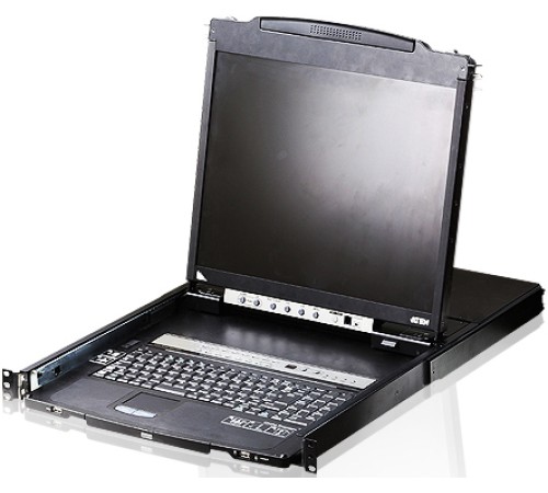 16-портовый KVM-пеКонсоль управления, LCD 19"(1280x1024), лат./рус. клав., 16-портовый KVM-переключатель,  +1 remote user(SPHD18(Male)),2хUSB(Тип а Female),  KVM-порты: SPHD15(Female), каскадирование. ATEN CL5816NR