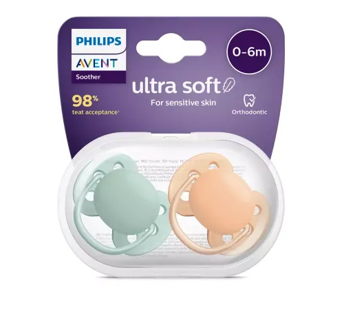 Пустышка ultra soft, нежно-зеленая/оранжевая без рисунка, 0-6 мес., 2 шт. Philips SCF091/03