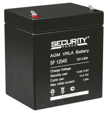 Батарея SECURITY FORCE серия SF, SF 12045, напряжение 12В, емкость 4.6Ач (разряд 20 часов),  макс. ток разряда (5 сек.) 60А, макс. ток заряда 1.35А, свинцово-кислотная типа AGM, клеммы F1, ДxШxВ 90х70х101мм., вес кг., срок службы 3-5 лет. Delta Security F