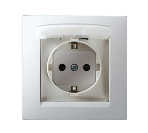 Розетка 1-м СП Simon15 16А IP44 250В с заземл. Schuko защ. шторки с крышкой винт. клеммы бел. Simon