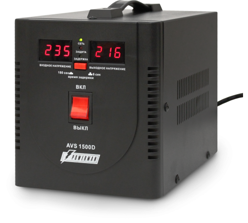 Стабилизатор POWERMAN AVS 1500D, черный, ступенчатый регулятор, цифровые индикаторы уровней напряжения, 1500ВА, 140-260В, максимальный входной ток 10А, 2 евророзетки, IP-20, напольный,  200мм х 160мм х 190мм, 4 кг. POWERMAN AVS 1500D (POWERMAN AVS 1500D B