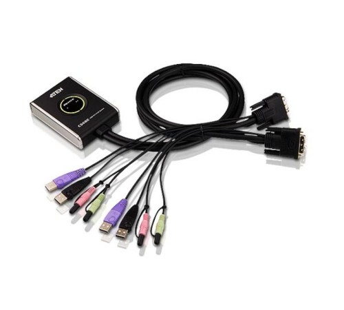 2-портовый KVM-переключатель со встроенными KVM кабелями 2х(1,2м), 1 user DVI-D(Female)+ 2хUSB(Тип А(Female)) +2хАудио(Female) <-> 2 cpu DVI-D(Male)+2хUSB(Тип А(Male))+2хАудио(Male), настольный, некаскад., не требуется внешнее питание ATEN CS682