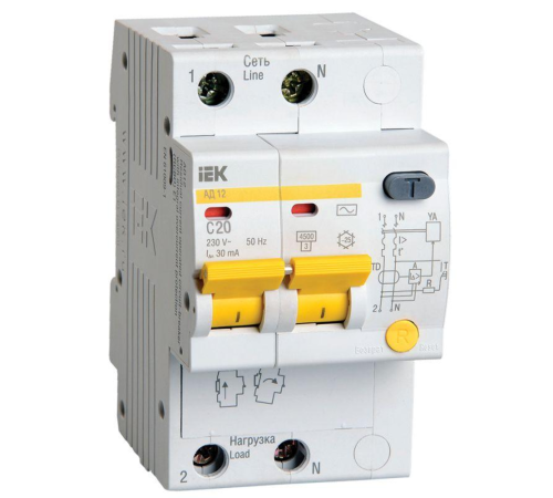 Выключатель автом. дифф. тока IEK АД12 MAD10-2-020-C-030 20A тип C 4.5kA 30мА AC 2П 230В 3мод белый (упак.:1шт)