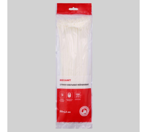 REXANT (07-1302) Хомут nylon 5.0 х 300 мм 100 шт белый REXANT (07-1302) Хомут nylon 5.0 х 300 мм 100 шт белый