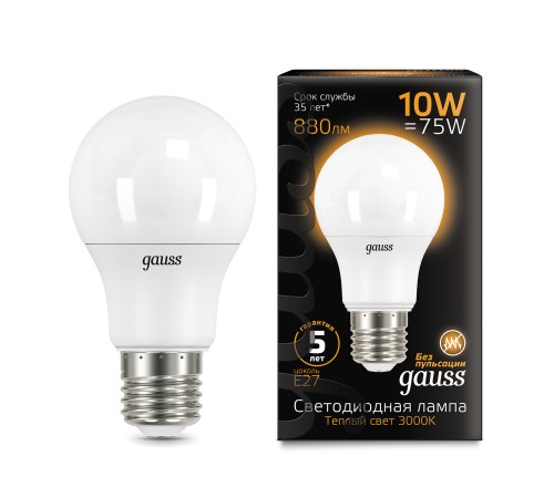 Лампа светодиодная Gauss A60 10Вт цок.:E27 шар 220B 3000K св.свеч.бел.теп. A60 (упак.:10шт) (102502110) Лампа светодиодная Gauss A60 10Вт цок.:E27 шар 220B 3000K св.свеч.бел.теп. A60 (упак.:10шт) (102502110)