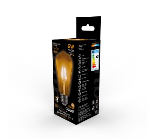 Лампа филам. Gauss Filament ST64 6Вт цок.:E27 эдисон 220B 2400K св.свеч.бел.теп. (упак.:1шт) (102802006)