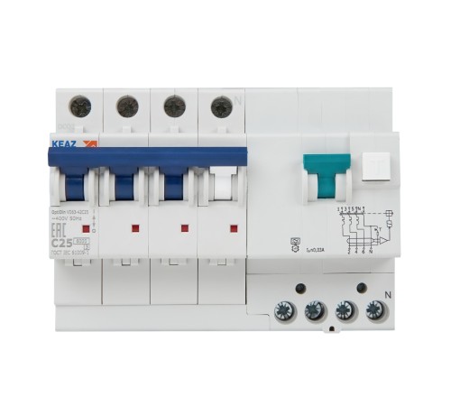 Выключатель автоматический дифференциального тока 4п C 25А 30мА тип A 6кА OptiDin VD63 УХЛ4 КЭАЗ 103478