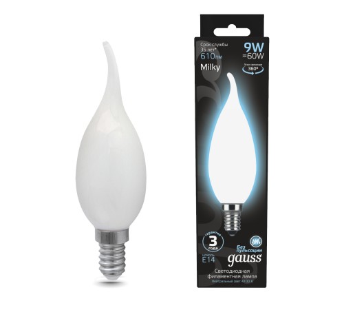Лампа светодиодная Gauss Filament 104201209 9Вт цок.:E14 свеча 220B 4100K св.свеч.бел.нейт. (упак.:10шт)