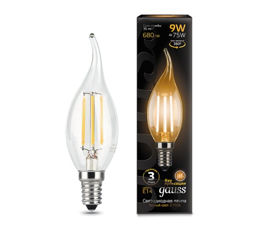 GAUSS 104801109 Светодиодная лампа LED Filament Свеча на ветру E14 9W 680lm 2700K 1/10/50 GAUSS 104801109 Светодиодная лампа LED Filament Свеча на ветру E14 9W 680lm 2700K 1/10/50