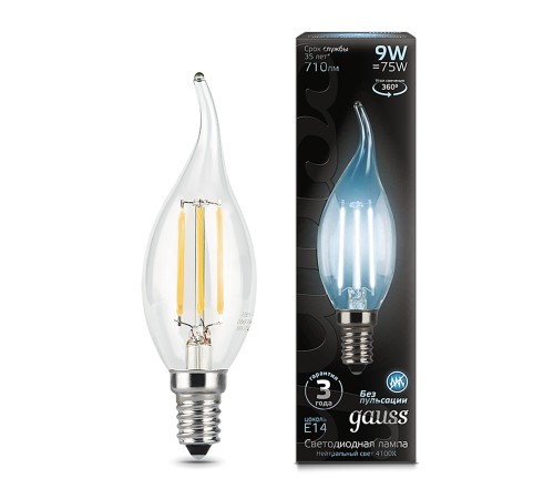 GAUSS 104801209 Светодиодная лампа LED Filament Свеча на ветру E14 9W 710lm 4100K 1/10/50 GAUSS 104801209 Светодиодная лампа LED Filament Свеча на ветру E14 9W 710lm 4100K 1/10/50