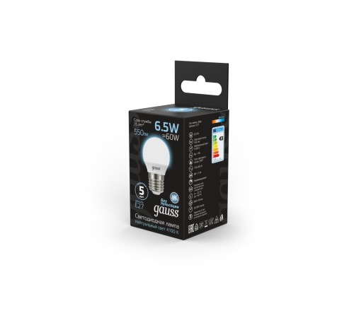 GAUSS 105102207 Светодиодная лампа LED Шар E27 6.5W 550lm 4100K 1/10/100 GAUSS 105102207 Светодиодная лампа LED Шар E27 6.5W 550lm 4100K 1/10/100