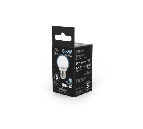 GAUSS 105102207 Светодиодная лампа LED Шар E27 6.5W 550lm 4100K 1/10/100 GAUSS 105102207 Светодиодная лампа LED Шар E27 6.5W 550lm 4100K 1/10/100