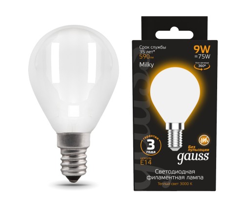 Лампа светодиодная Gauss Filament 105201109 9Вт цок.:E14 шар 220B 3000K св.свеч.бел.теп. (упак.:10шт)