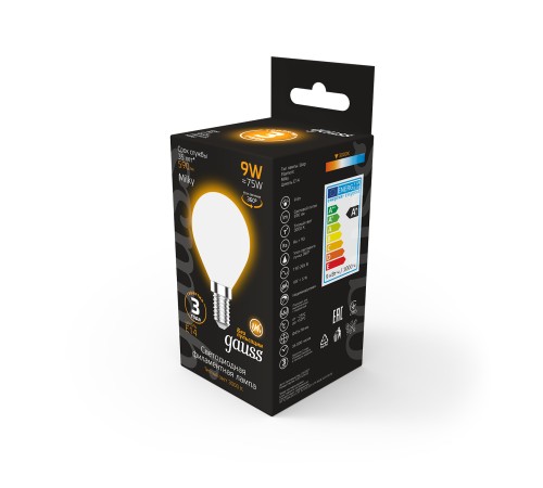 Лампа светодиодная Gauss Filament 105201109 9Вт цок.:E14 шар 220B 3000K св.свеч.бел.теп. (упак.:10шт)