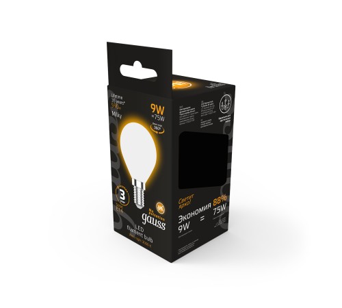 Лампа светодиодная Gauss Filament 105201109 9Вт цок.:E14 шар 220B 3000K св.свеч.бел.теп. (упак.:10шт)