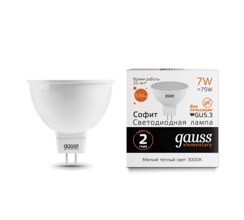 Лампа светодиодная Gauss Elementary MR16 7Вт цок.:GU5.3 спот 220B 3000K св.свеч.бел.теп. MR16 (упак.:10шт) (13517)