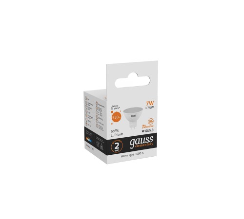 Лампа светодиодная Gauss Elementary MR16 7Вт цок.:GU5.3 спот 220B 3000K св.свеч.бел.теп. MR16 (упак.:10шт) (13517)