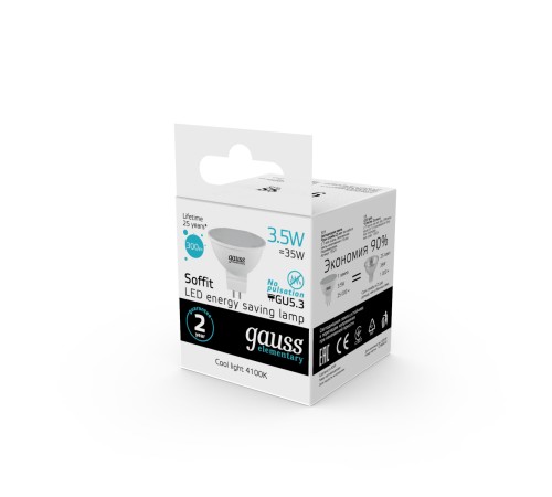 Лампа светодиодная Gauss Elementary MR16 3.5Вт цок.:GU5.3 спот 220B 4100K св.свеч.бел.ней. MR16 (упак.:10шт) (13524)