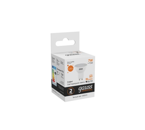 Лампа светодиодная Gauss 7Вт цок.:GU10 рефлек. 220B 3000K св.свеч.бел.теп. MR16 (упак.:1шт) (13617)