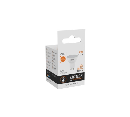 Лампа светодиодная Gauss 7Вт цок.:GU10 рефлек. 220B 3000K св.свеч.бел.теп. MR16 (упак.:1шт) (13617)
