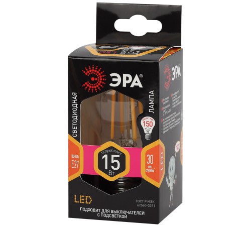Лампа светодиодная F-LED A60-15W-827-E27 (филамент, груша, 15Вт, тепл, Е27) (10/100/1500) ЭРА Б0046981