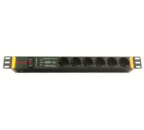 Блок распределения питания (PDU) 19" 16A с выключателем и защитой, Вых:6 Schuko, Вх: Schuko DKC R519SH6OPSHSP