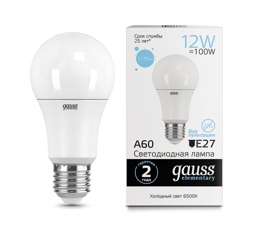 GAUSS 23232 Светодиодная лампа LED Elementary A60 12W E27 1170lm 6500K 1/10/50 0