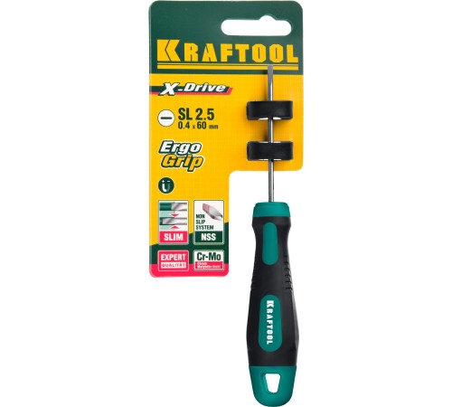 Отвертка KRAFTOOL "EXPERT", Cr-Mo-V сталь, двухкомпонентная противоскользящая рукоятка, SL, 2,5x60 мм [250071-2.5-060]