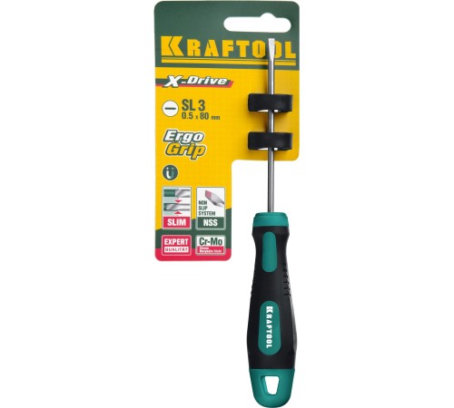 KRAFTOOL Отвертка "EXPERT", Cr-Mo-V сталь, двухкомпонентная противоскользящая рукоятка, SL, 3,0x80 мм [250071-3.0-080]