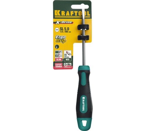 KRAFTOOL Отвертка "EXPERT", Cr-Mo-V сталь, двухкомпонентная противоскользящая рукоятка, SL, 5,0x100 мм [250071-5.5-100]