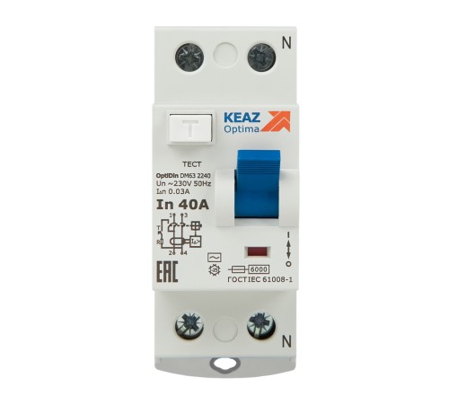 КЭАЗ ВДТ без защиты от сверхтоков OptiDin DМ63-2240-AС-УХЛ4 (2P, 40, 30mA)