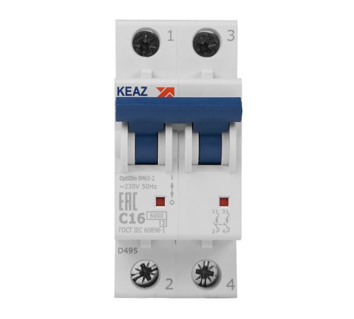 Выключатель автоматический модульный 2п C 16А 6кА OptiDin BM63-2C16-УХЛ3 КЭАЗ 260599