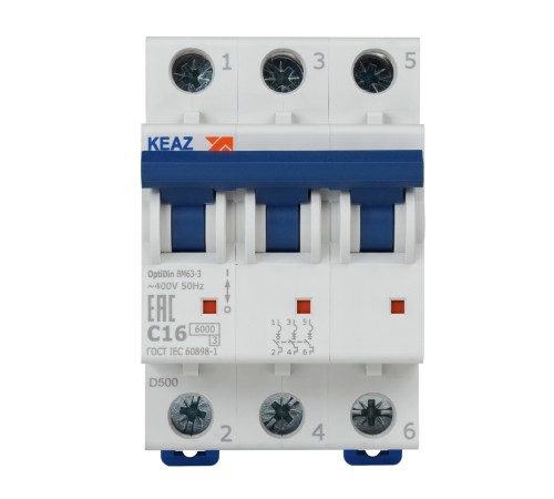 Выключатель автоматический модульный 3п C 16А 6кА OptiDin BM63-3C16-УХЛ3 КЭАЗ 260791