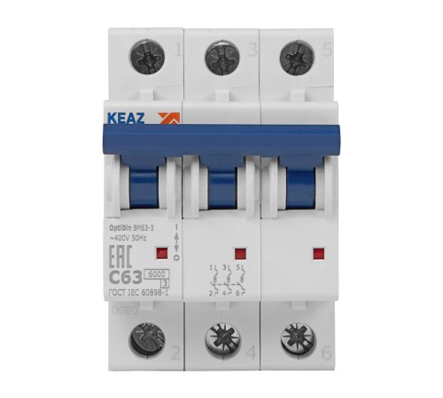 Выключатель автоматический модульный 3п C 63А 6кА OptiDin BM63-3C63-УХЛ3 КЭАЗ 260802